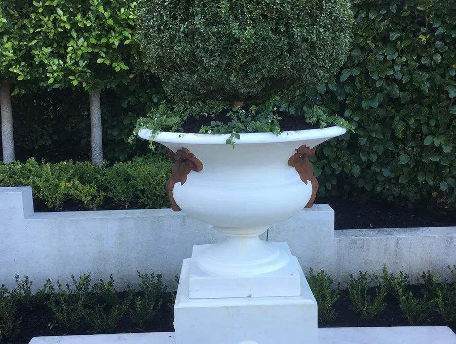 Urn and plinth framed by clipped hedging